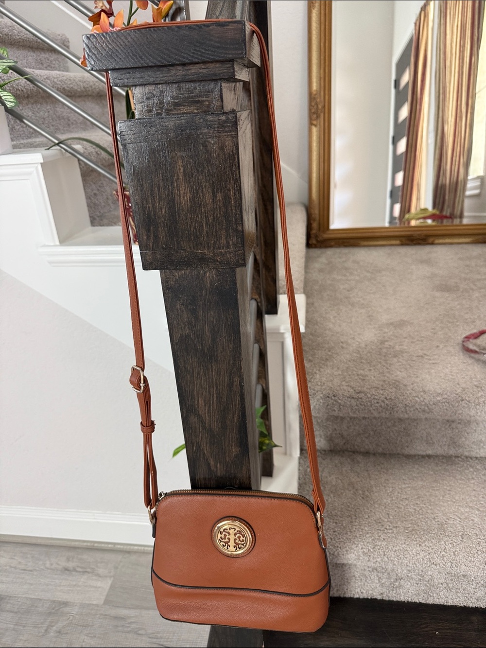 Cognac Leather Crossbody with Gold Emblem